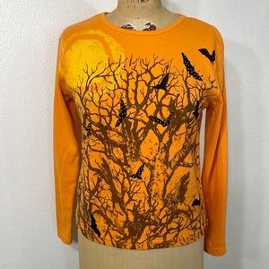 Hartfield Design orange / black long sleeve tee with harvest, autumn, bats motif